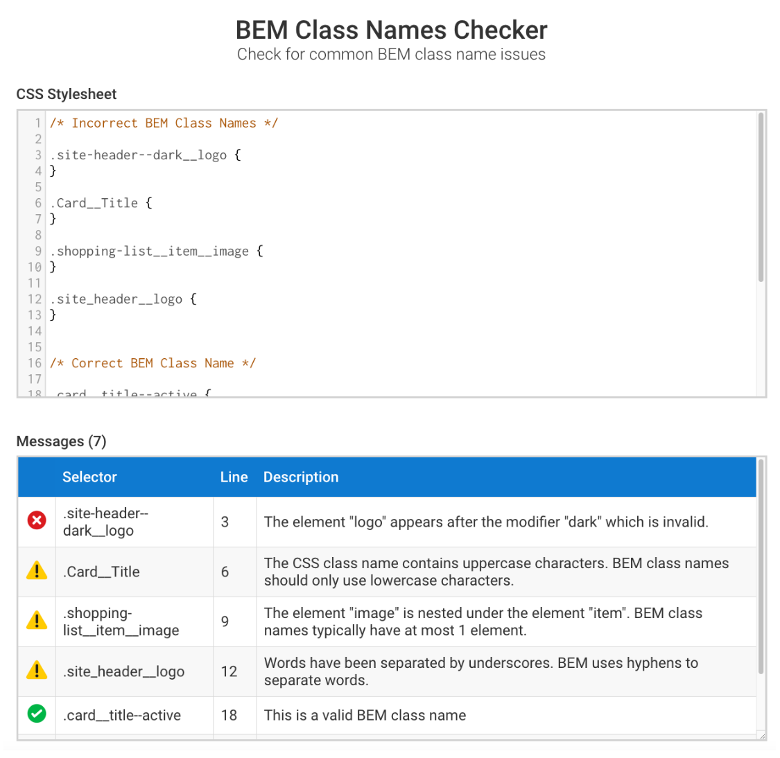 Screenshot of BEM Class Names Checker website